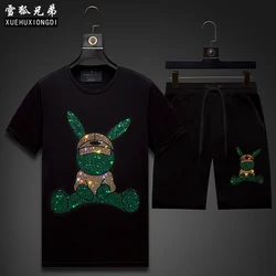 2025 Summer Shorts Suit Men Clothing Sportswear Cartoon Rhinestones Fitness Thin Mens Track Suit Set 2 Pieces Casual Jogger Sets