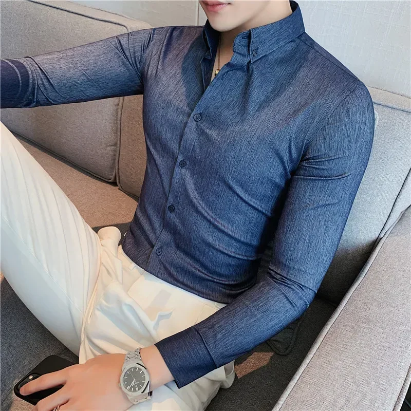 

British Style Men's Long Sleeved Autumn Wrinkle Resistant Soft Solid Color Casual Elastic Slim Fitting Men's Clothing