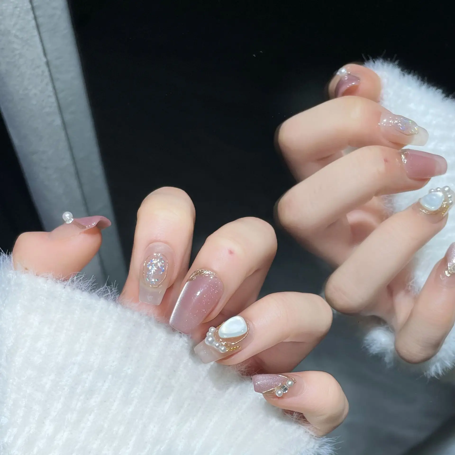 Gold Frame Handmade Nails Press on Full Cover Manicuree Shell and Pearl False Nails Wearable Artificial With Tool Kit