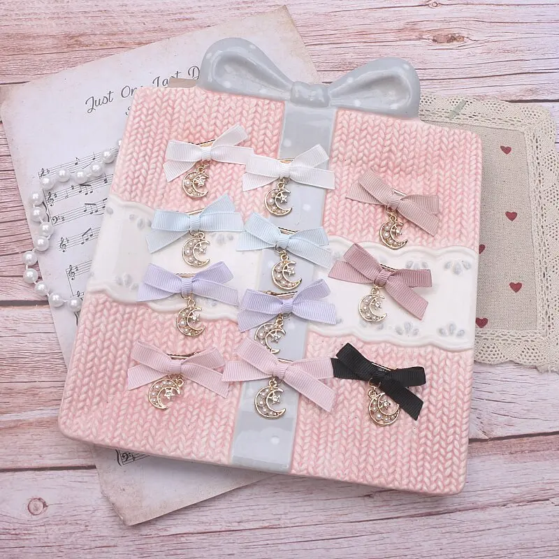 

Украшение для волос с лунными стразами, ручной работы, в виде банта, в стиле Лолита, пара из двух заколок, изящные украшения для волос для женщин