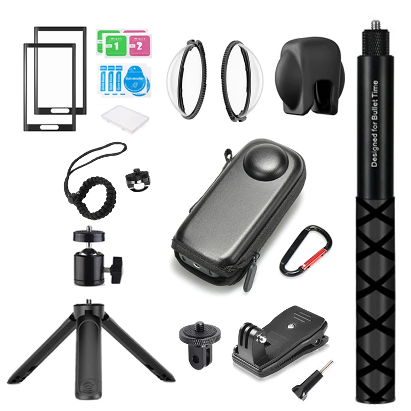 Gehärteter Glasfilm für Insta360 X5 HD Glaslinsenschutz Objektivdeckel PU-Aufbewahrungstasche Selfie-Stick Handschlaufe Kamerazubehör