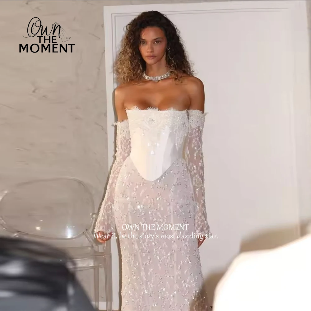 OTM White Strapless Wedding Dress Detachable Sleeves Back Zip Bridal Gown 2026 Mermaid Floor-Length Wedding Gown Customized