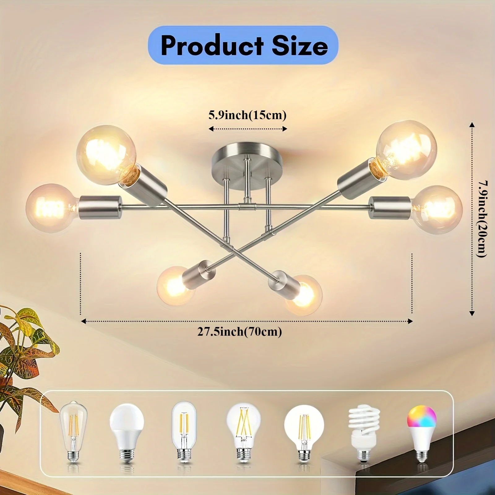 Modern LED Chandelier 6 Lights Semi Flush Mount Ceiling Light Chrome Copper Pendant Lighting for Bedroom Living Room Kitchen