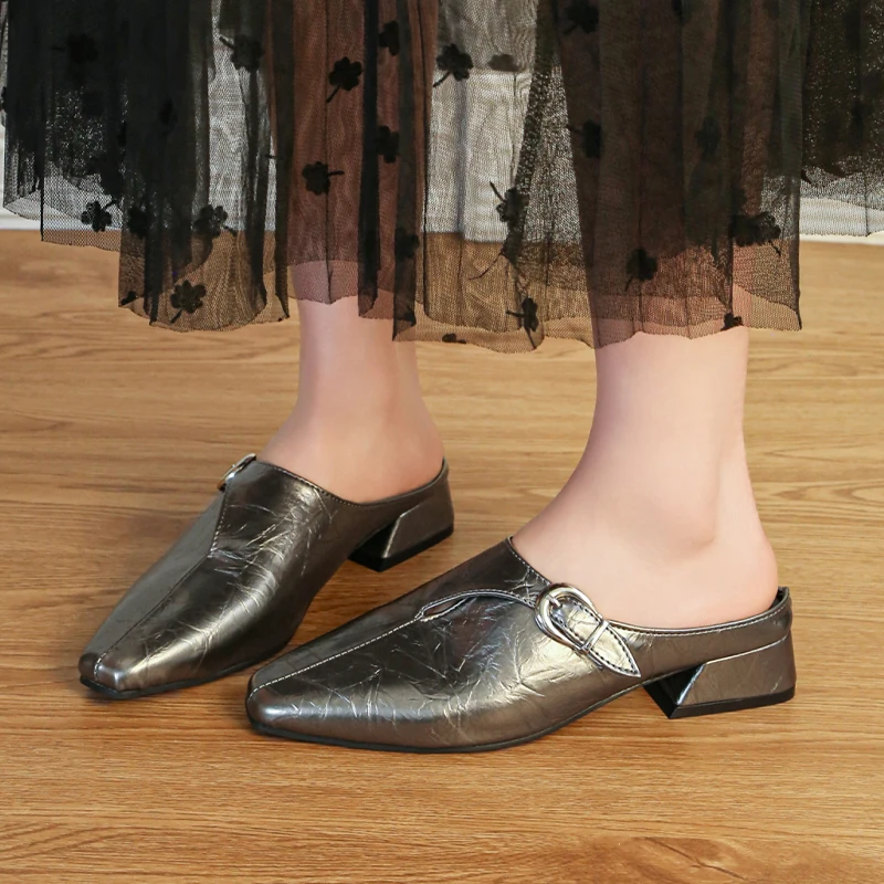 Women Heeled Slippers Designer Leather Shoes Chunky Sandals 2026 Summer Trend Mules Shoes Mid Heels Work Slides Mujer Sandalias