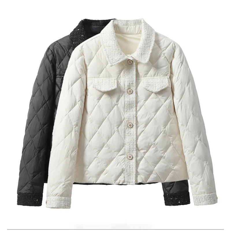 Lightweight Down Cotton Jacket Women's Short Jacket 2023 Winter White French Style Fashion Women Jackets Patchwork Tweed Coat