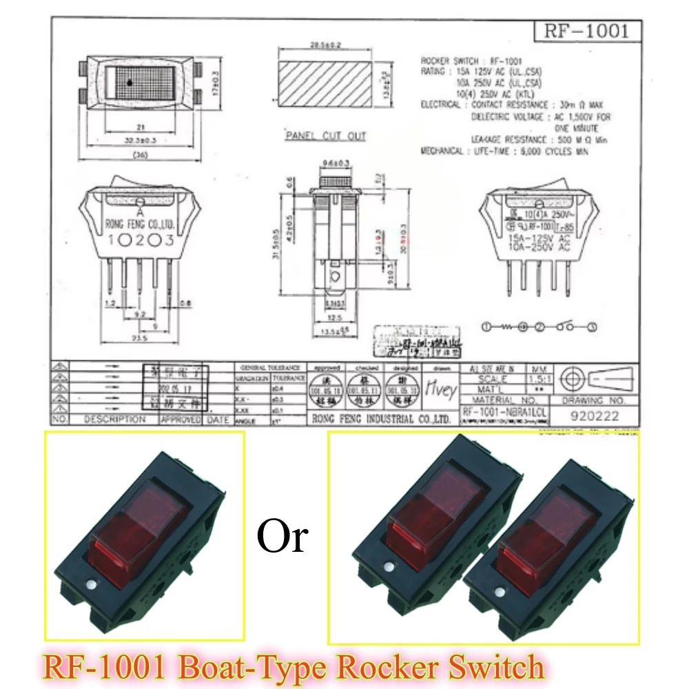 For RONG FENG Rocker Switch RF-1001 Boat-Type Switch 3 Pins 2 Positions 10A 250VAC