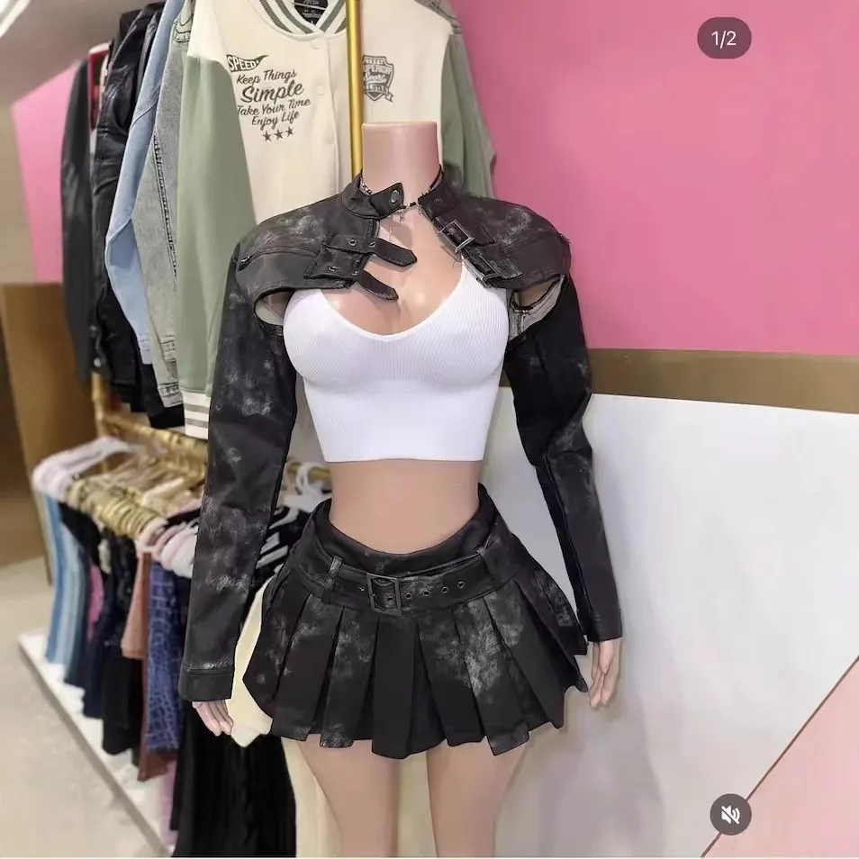 

Women Dress Sets Two Pieces Leather Jackets O Neck Solid Slim Fit Sheath Sexy Skirts Pleated Skirt Spliced Folds 2025 Summer