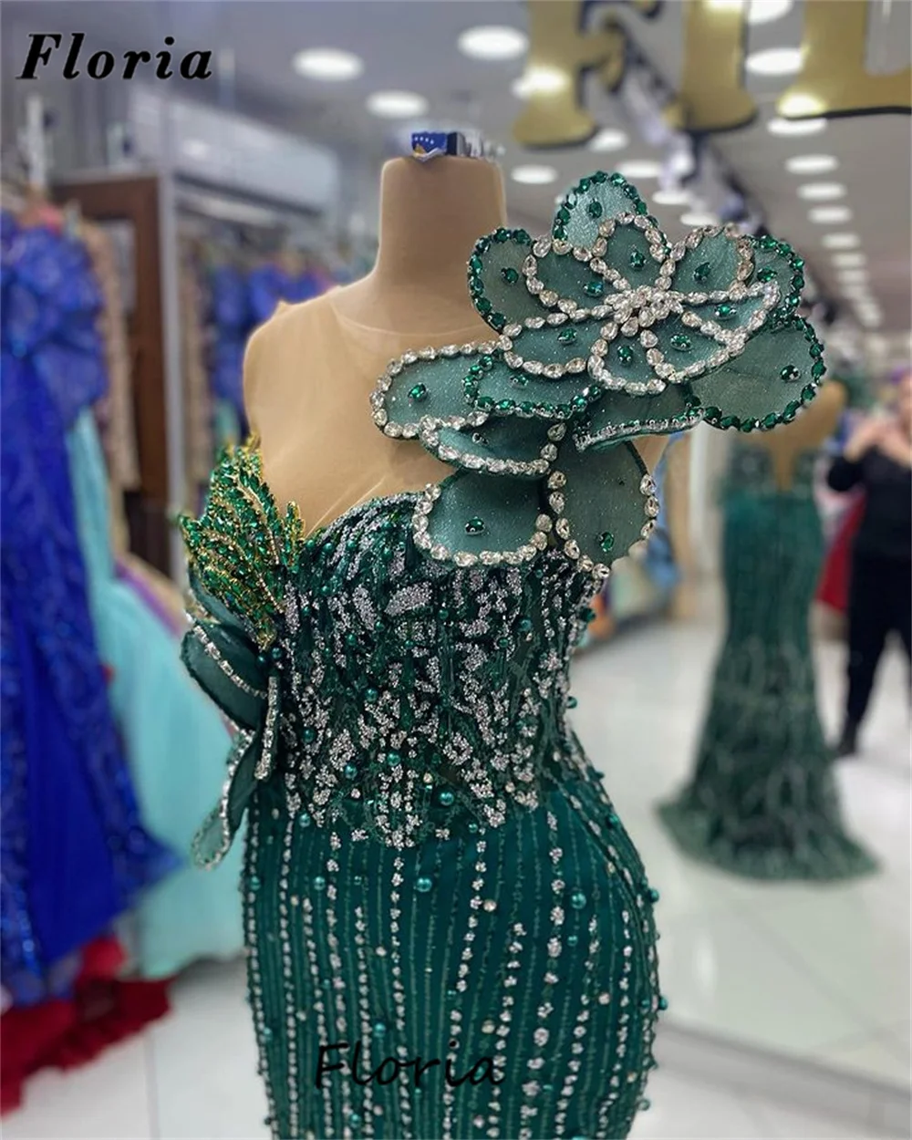 Shiny Green Beaded Evening Dresses Elegant Beading Flowers Celebrity Party Dress 2024 Dubai Couture Cocktail Prom Dress Robes