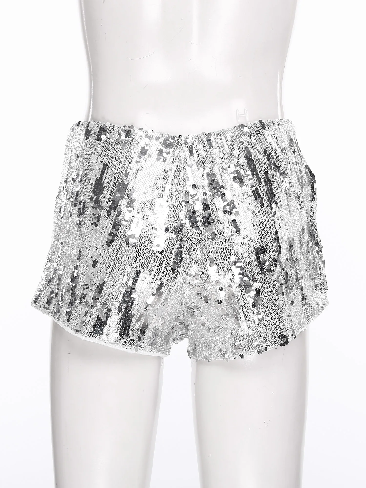 กางเกงขาสั้นผู้หญิงประดับเลื่อมวิบวับ มีซิปด้านข้าง ยืดหยุ่น กระชับสะโพก ทรงชีคกี้ เหมาะสำหรับงานเรฟ แดนซ์ และการแสดงบนเวที