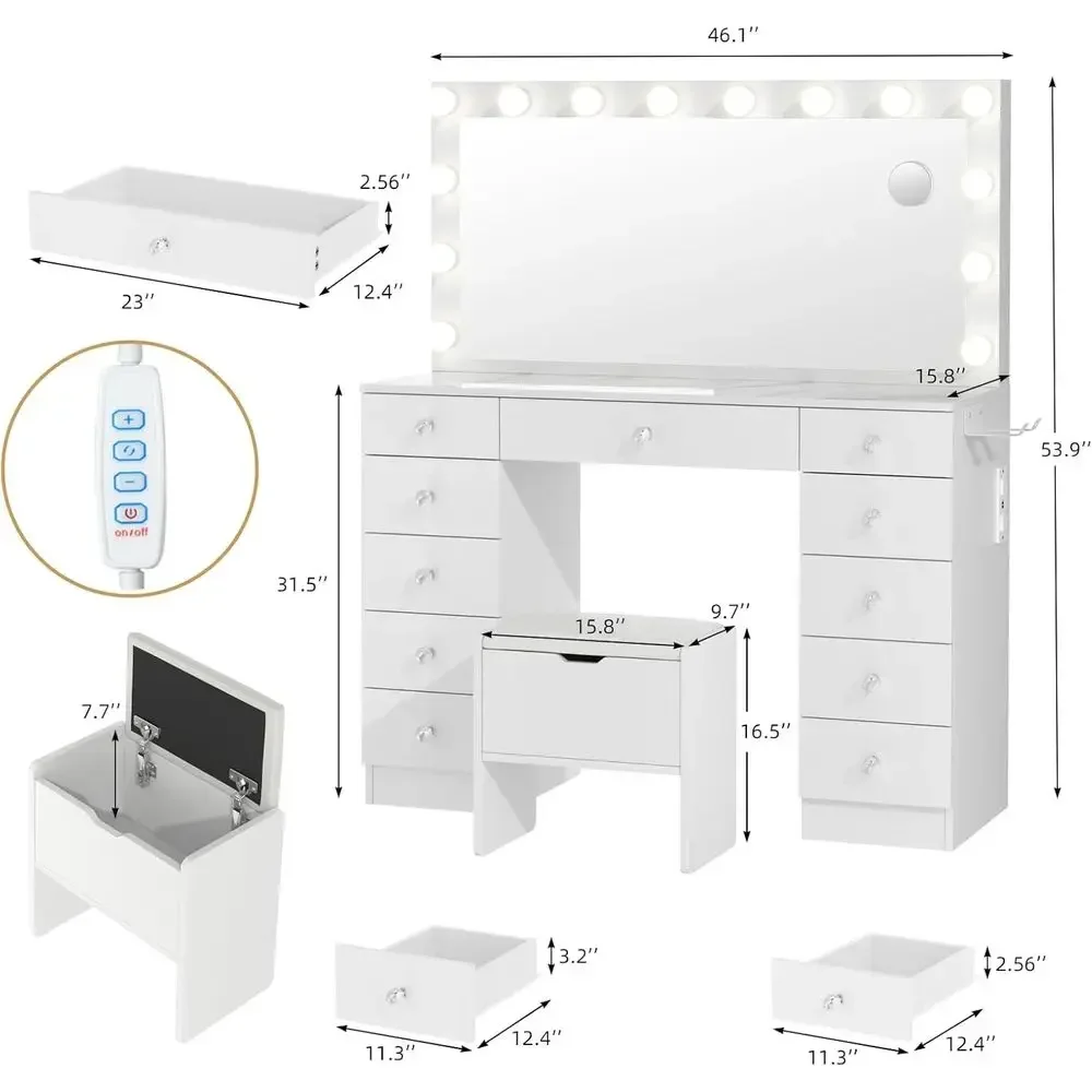 Lighted Makeup Vanity Desk with 11 Drawers, Outlet, 3-Color Lighting, Adjustable Brightness, 46 Table with Stool for Bedroom, Ma