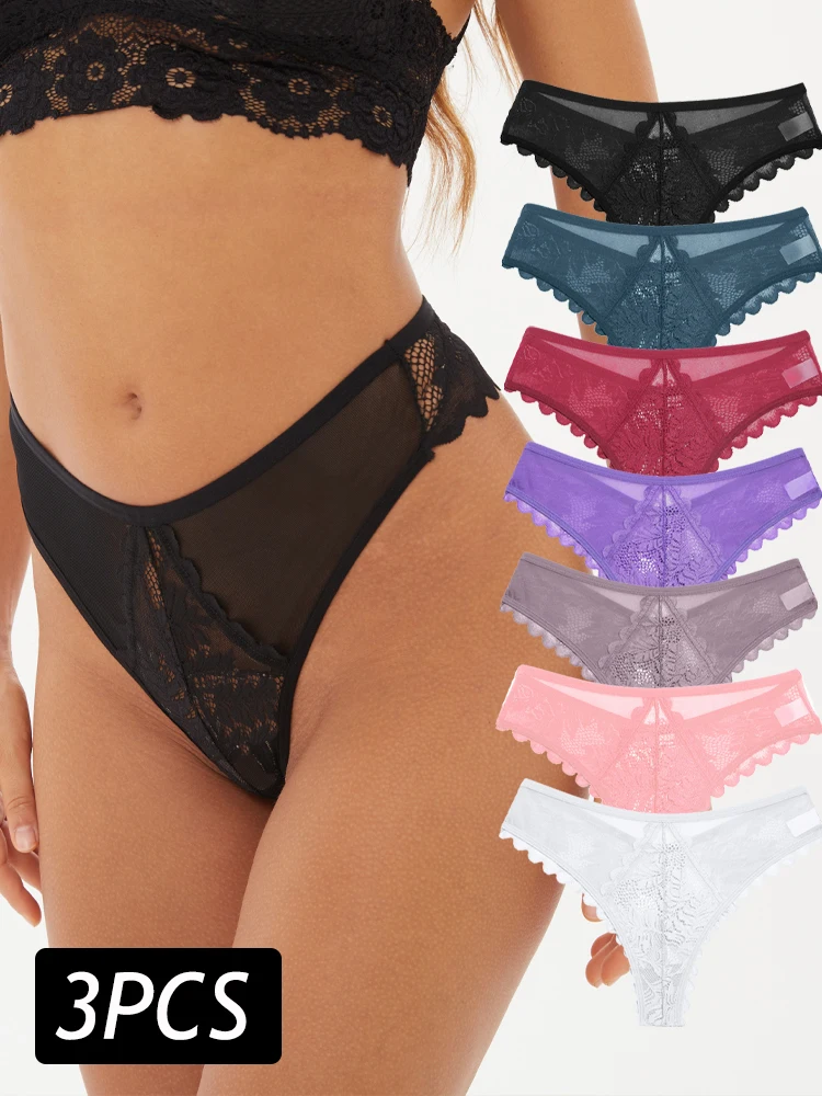 3PCS/Set Women\'s Lace Panties Sexy Low Rise Transparent G-String Thongs Wave Solid Color Underpants Female Breathable Underwear