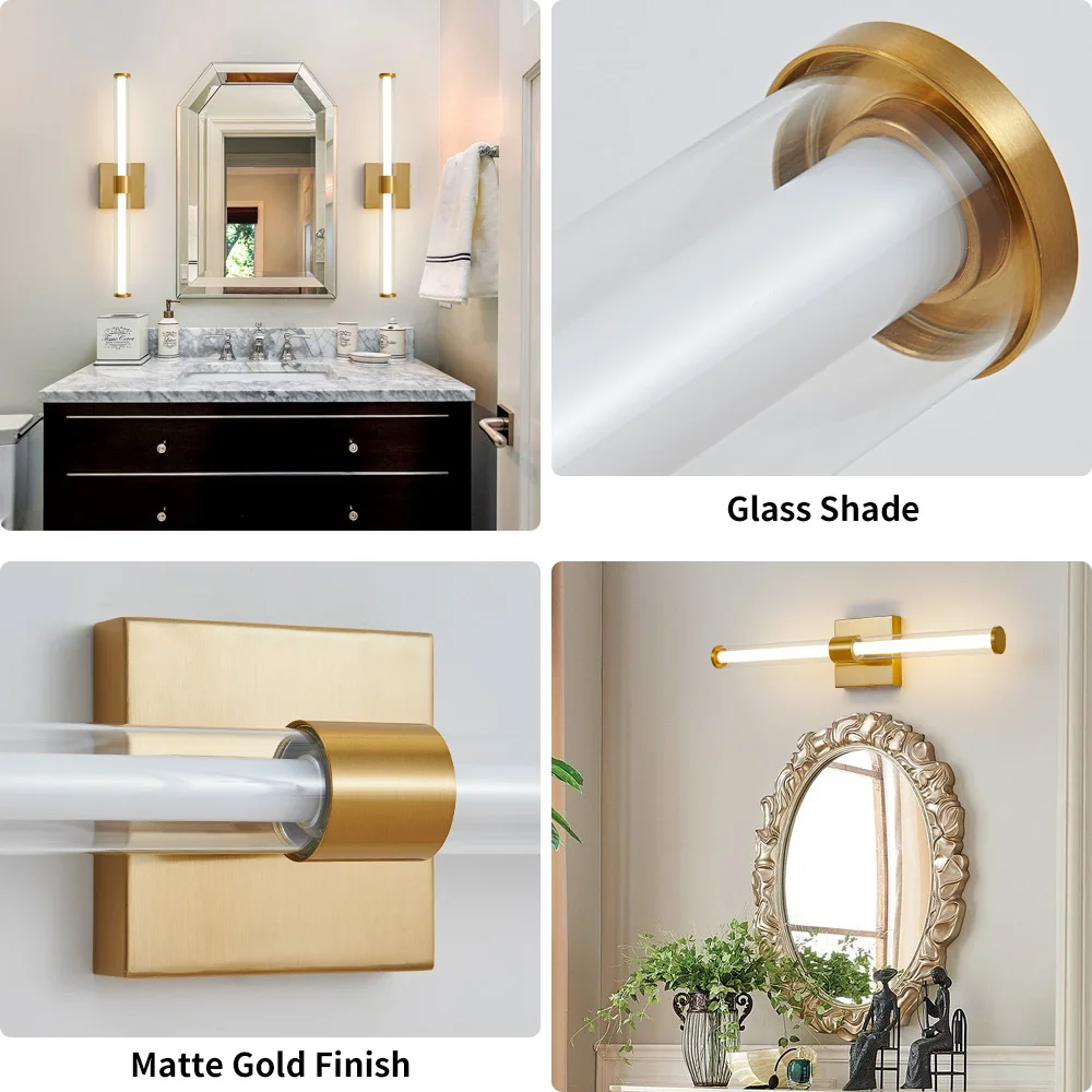 FSS LED Brass Wall Sconce Over Mirror with Clear Glass Shade 360° Vanity 18W Lights Bar for Bathroom Living Room wall light