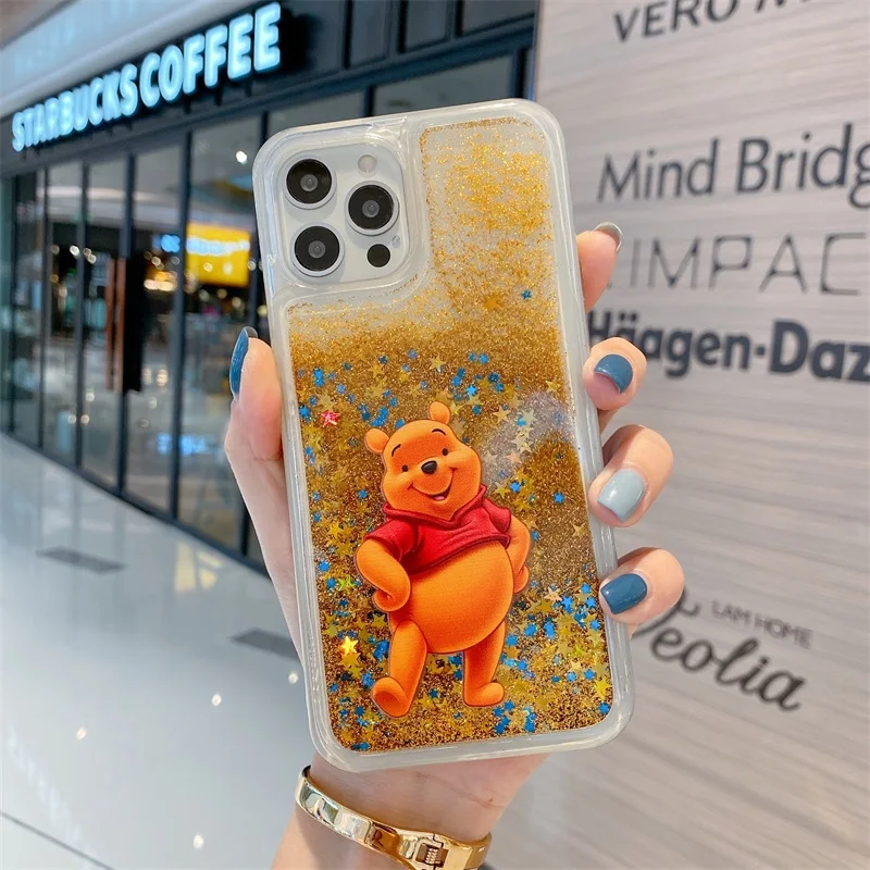 Cartoon Disney Winnie the Pooh Liquid Quicksand Bling Glitter Phone Case For iPhone 17 16 15 14 13 12 11 XS X XR Plus Back Cover