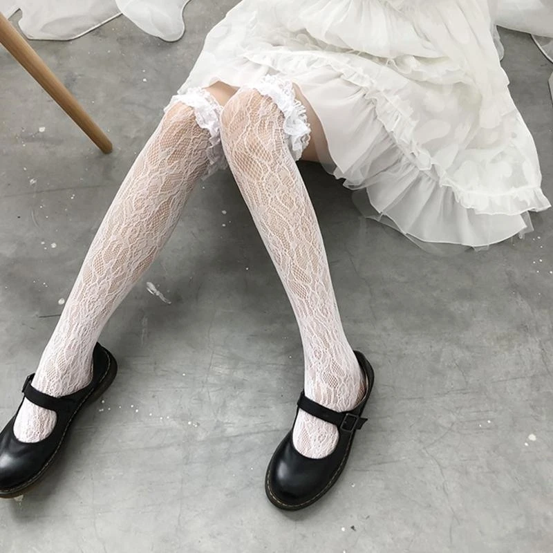 Lace Ruffle Frilly Long Tube Socks Women Stocking Gothic Studded Heart Garters Leg Ring Elastic Punk Harness Garter