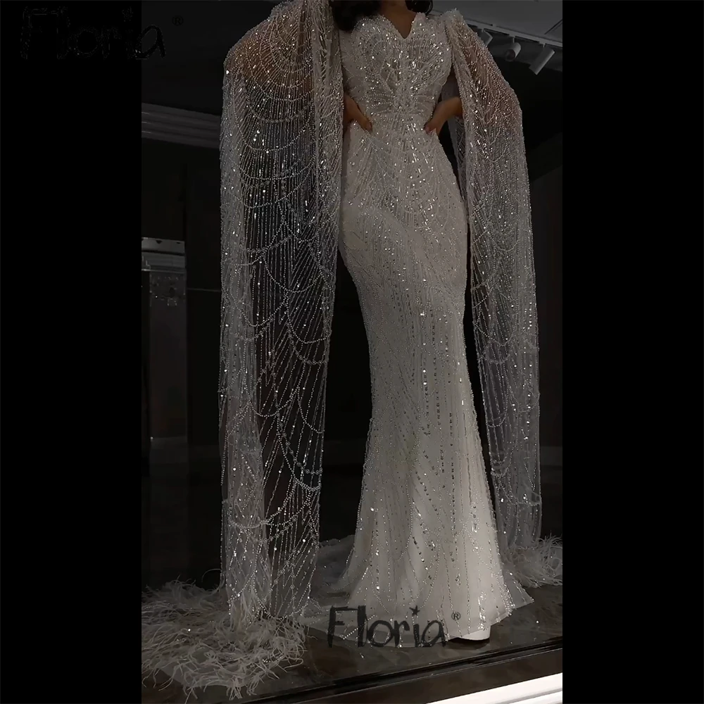 

Plus Size Deep V Neck Long Cape Sleeve Evening Dress White/Beige Mermaid Full Beaded Party Gowns for Women Wedding 2024 Custom