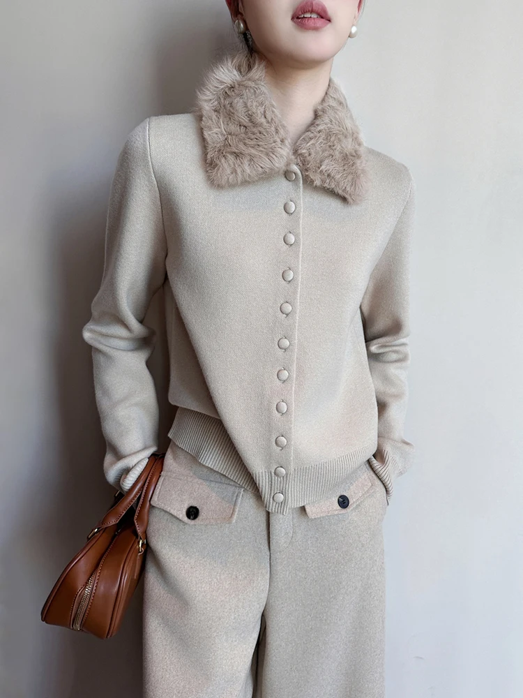 

Women Knit Cardigan Sweater Faux Fur Collar Button Up Winter Warm Elegant Soft Jumper Top