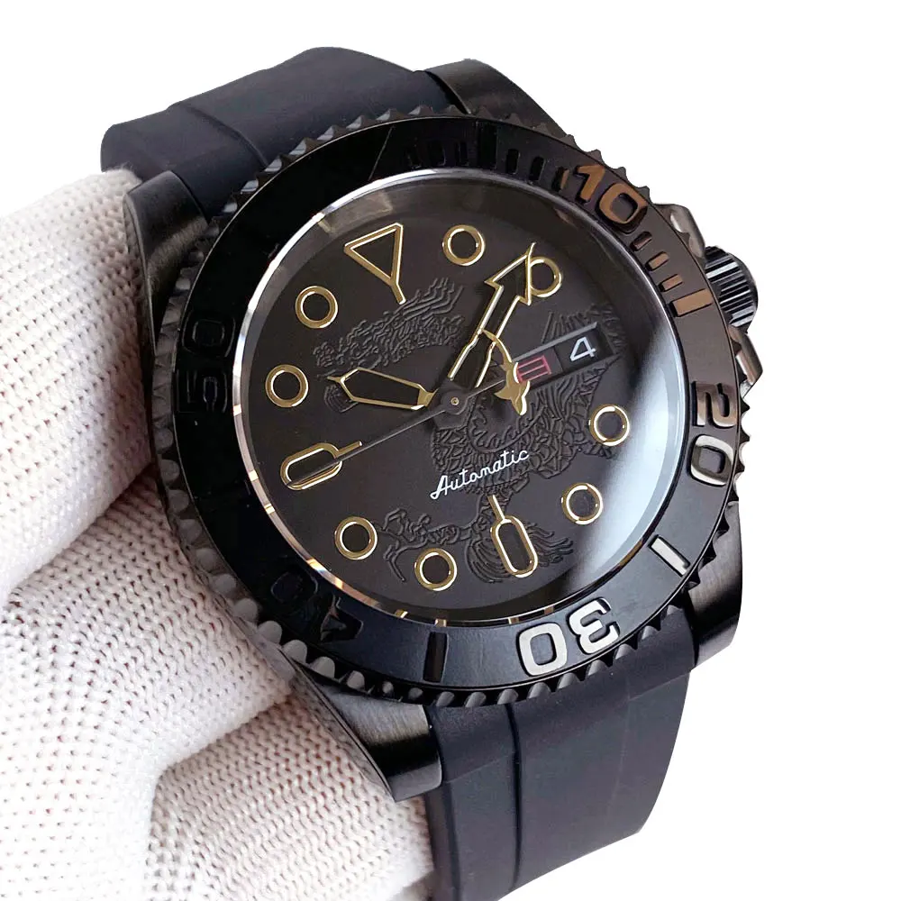 Tandorio NH36 Black Date Day Dragon Shaped Textured Dial 40mm Sapphire Crystal Glass 200m Waterproof PVD Process Men Watches