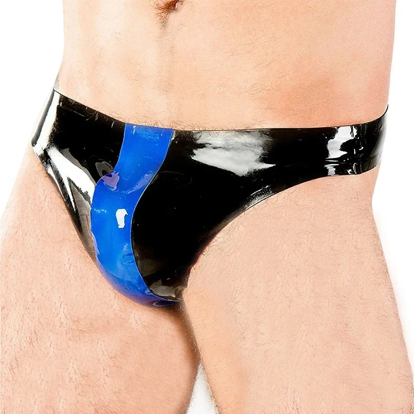 

Sexy Latex Men Briefs Black And Blue Trims Male Rubber Panties Thong Lingerie Handmade