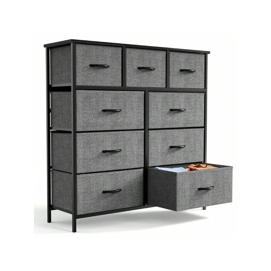 Fabric Storage Dresser With 9 Drawers, Steel Frame And Wooden Top For Bedroom, Closet And Entryway