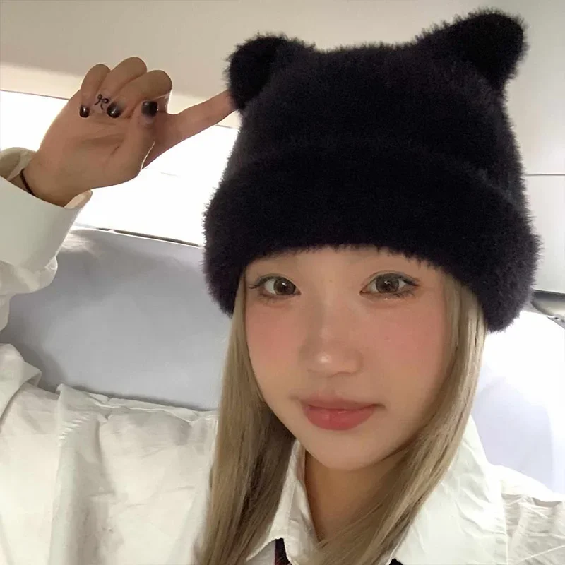 Cat Ear Knitted Hat Cute Furry Y2k Ear Protector Warm Soft Comfortable Artificial Sable Devil Horn Pointed Elastic Women Winter