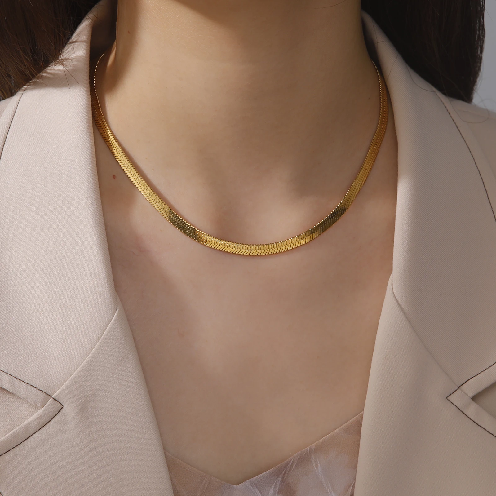 Snake‑Chain Herringbone‑Choker Gold‑Tone Stainless‑Steel Necklace Unisex for Men Women,2026‑Trendy Base‑Chain Fashion‑Statement Jewelry,Gift‑Ready