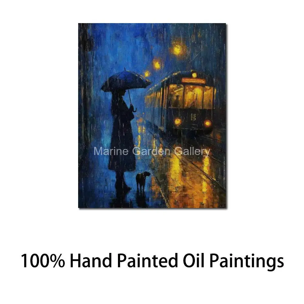 

Дождливый ночной городской пейзаж, холст, художественная оригинальная текстурированная картина маслом, ручная работа, абстрактный городской пейзаж для современной прихожей, ванной комнаты