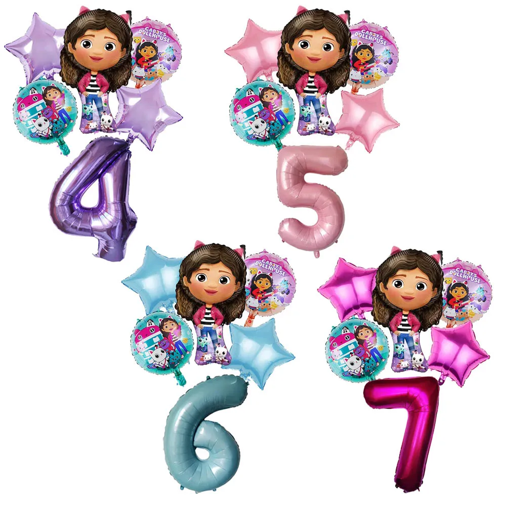 6pcs Gabby Dollhouse Number Balloon Children's Birthday Party Decoration Latex Aluminum Balloons Girl Gabby's Doll Balloon Set