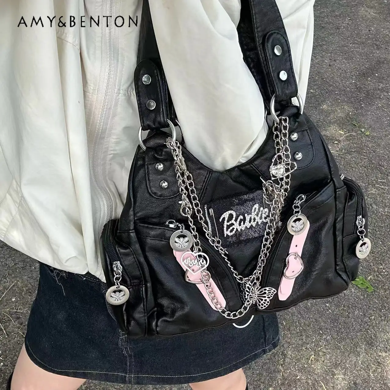 Y2K Spice Girl Retro Soft Leather Chain Contrasting Shoulder Bag Daily Versatile Black Messenger Bag Street Punk Style Handbag