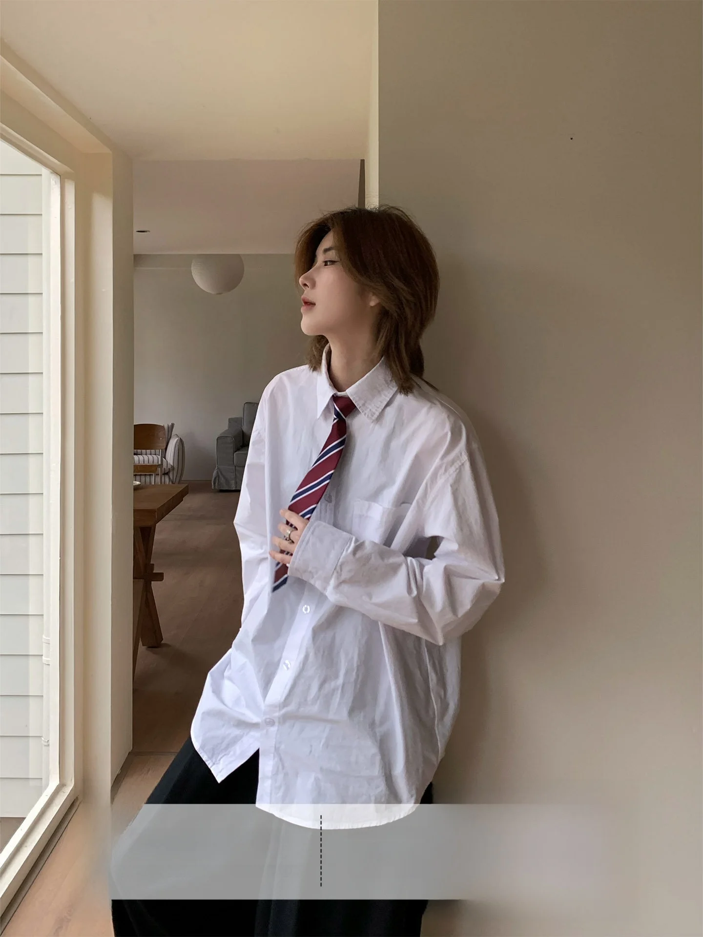 

High nce Pure Cotton White Long Sve irt Neutral BF Sle Layering Versatile Couple Top Never Stay up Late