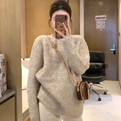 Winter Retro Korean Women's Sweater American Style Simple Loose Solid Color Y2K Good Match Warm Round Neck Knitted Tops