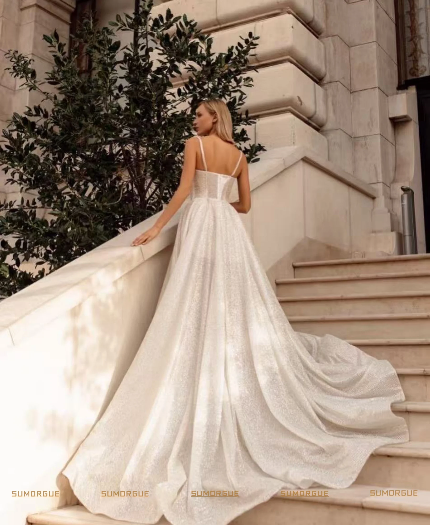 Beaded A-Line Wedding Dresses Sequin Spaghetti Straps Luxury Bride Party Gowns Sweep Train High-end Customized Vestidos De Novia