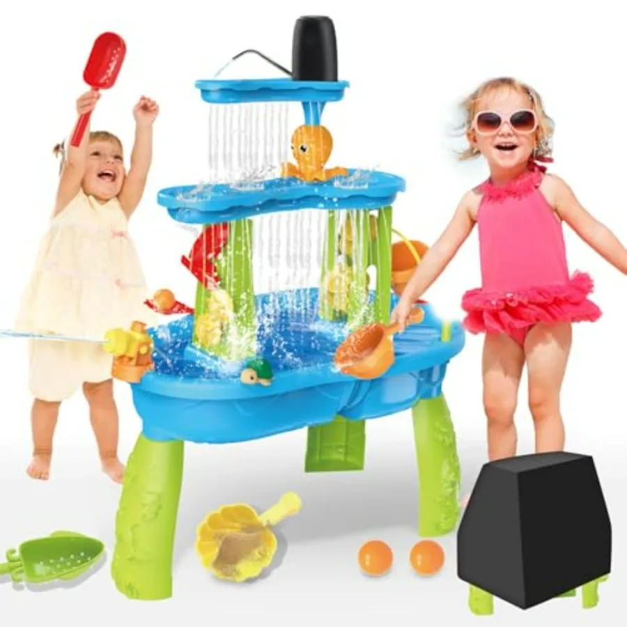 3-Tier Water Table for Toddlers with Pump and Cover Sand Water Sensory Playset in Blue, Durable Plastic, Ideal for Outdoor Summ