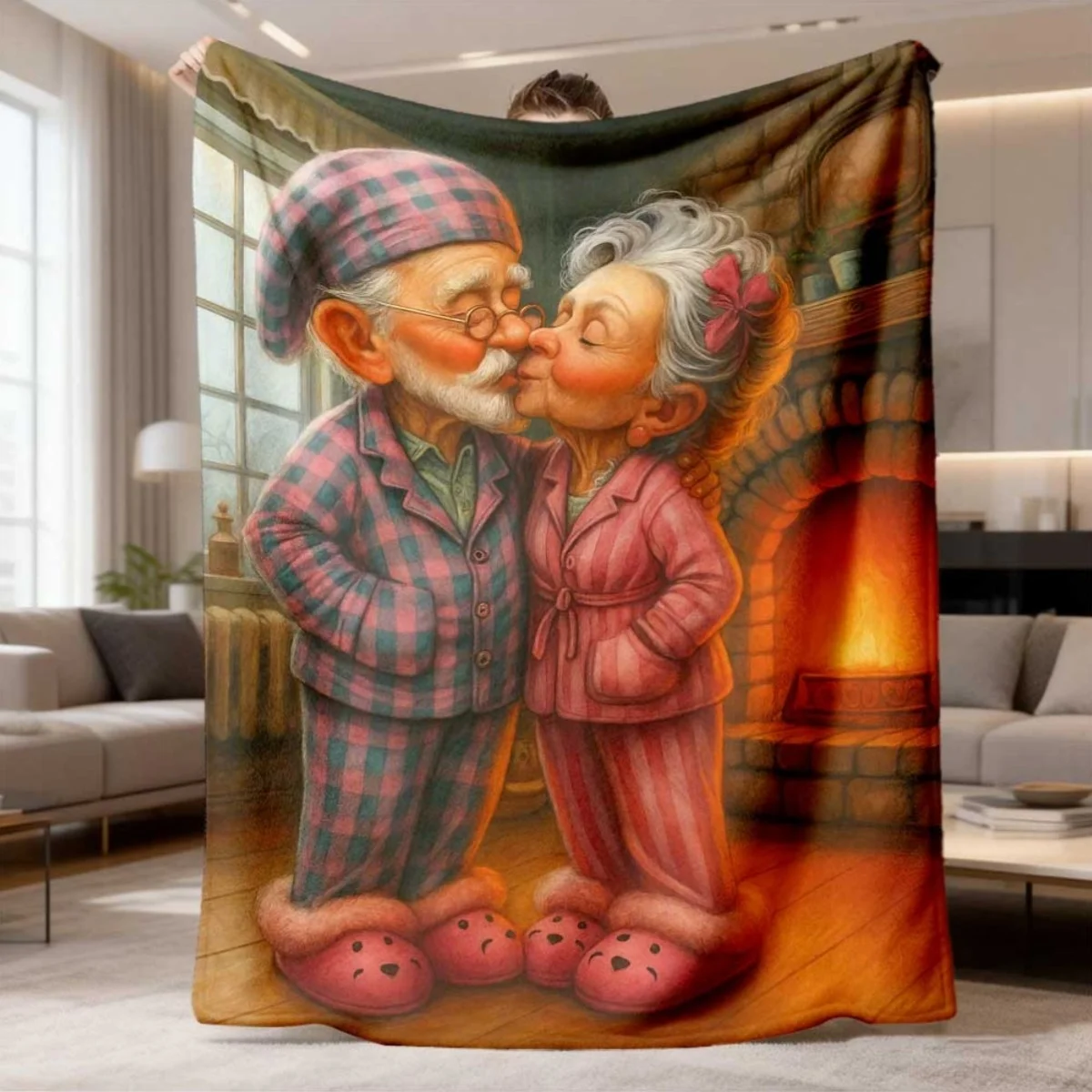 Romantic Elderly Couple Flannel Blanket Soft Comfortable Throw Blanket Warm Fireplace Grandparents Print Blanket