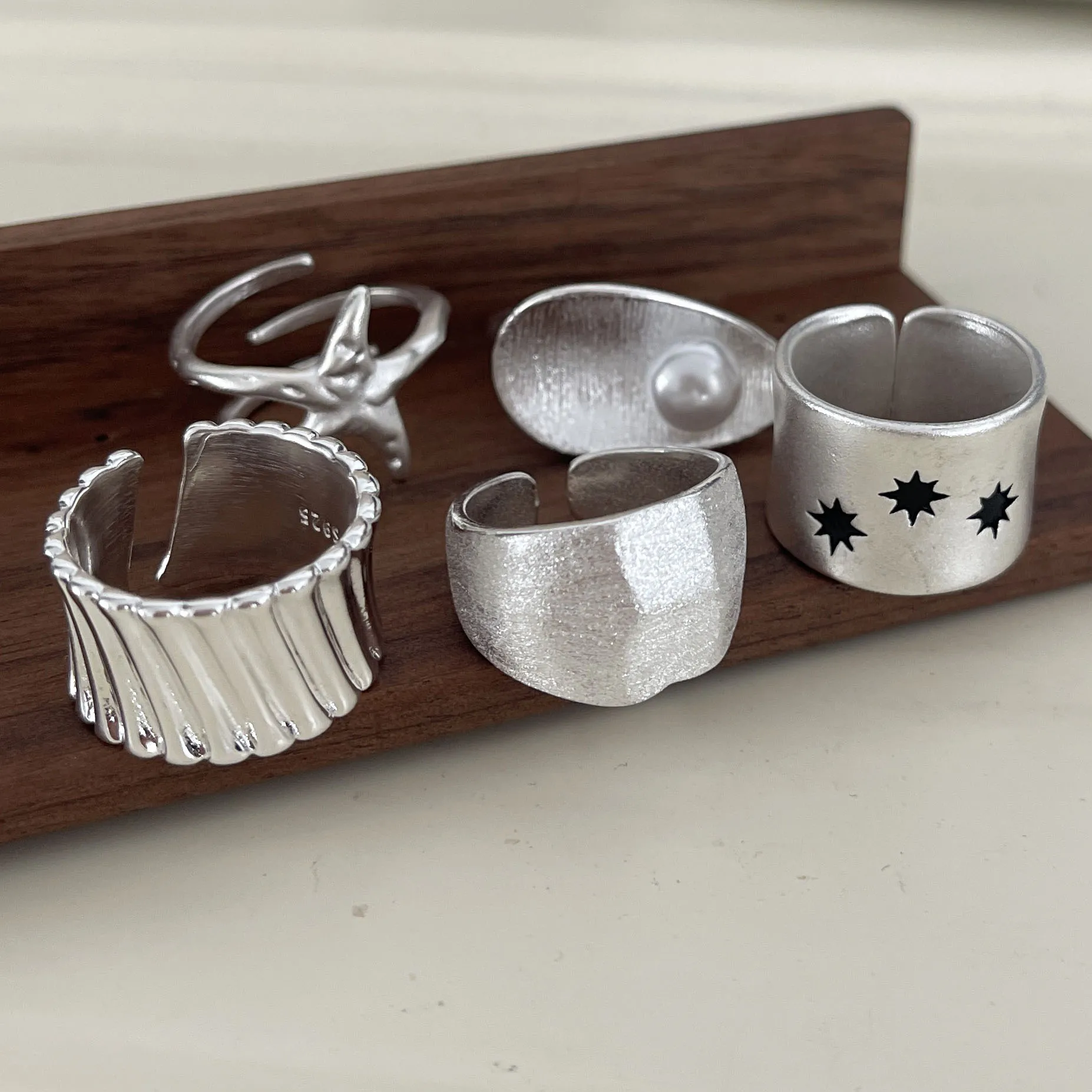 925 Sterling Silver Rings for Women Couple Minimalist Handmade Simple Wide Star Ring Set Party Jewelry Gift Prevent Allergy