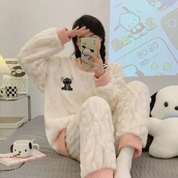 Disney Winnie the Pooh winter new cartoon pajamas women's thickened and velvet cute Stitch animation loungewear set