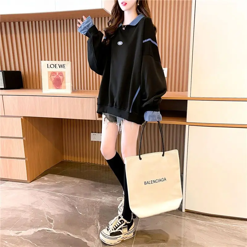 2023 New Spring and Autumn European Edition Loose Oversize Street Style Polo Collar Color Block Fabric Fake Two Piece Sweater