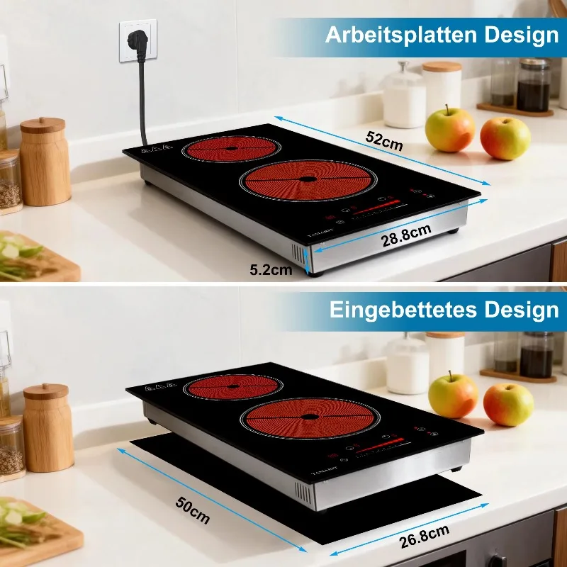 3000W 2 Burners Domino Built-in Electric Smooth Ceramic Cooktop With Slide Touch Control Panel And Easy Clean Surface