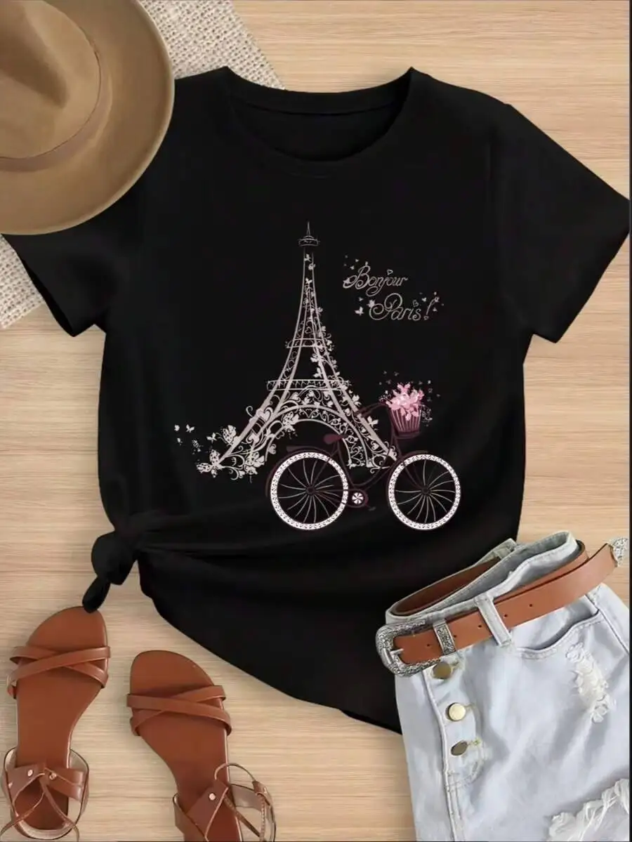 Black Casual Both Boys And Girls Family Matching Shirts Eiffel Tower Bicycle Bonjour Paris Summer Travel Gift For Women 100% Cotton Kids Trendy Y2K Short-Sleeve Tee – Soft, Breathable, Sweat-Wicking, Skin-Friendly For Boys Girls