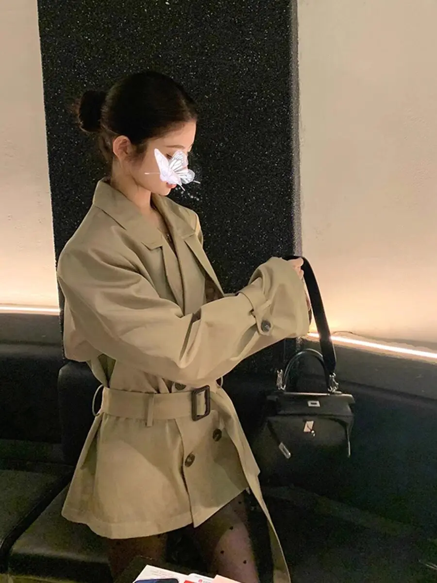 Women's Autumn Winter Streetwear Double Breasted Trench Jacket Lady Elegant Long Sleeve Loose Trench Outwear With Belt