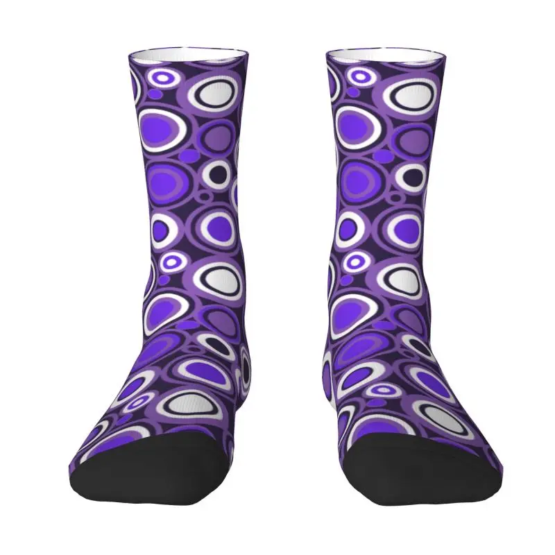 Custom Ultra Violet Purple And White Circle Retro Pattern Mens Crew Socks Unisex Novelty 3D Print Dress Socks