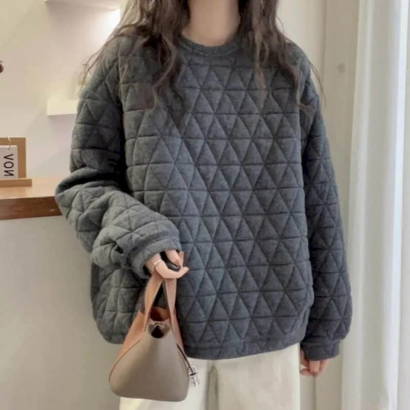Pullovers O-Neck Solid Lightweight Padded Tops Casual Korean Style Long Sleeve 2026 Autumn Winter Streetwear Women Clothing