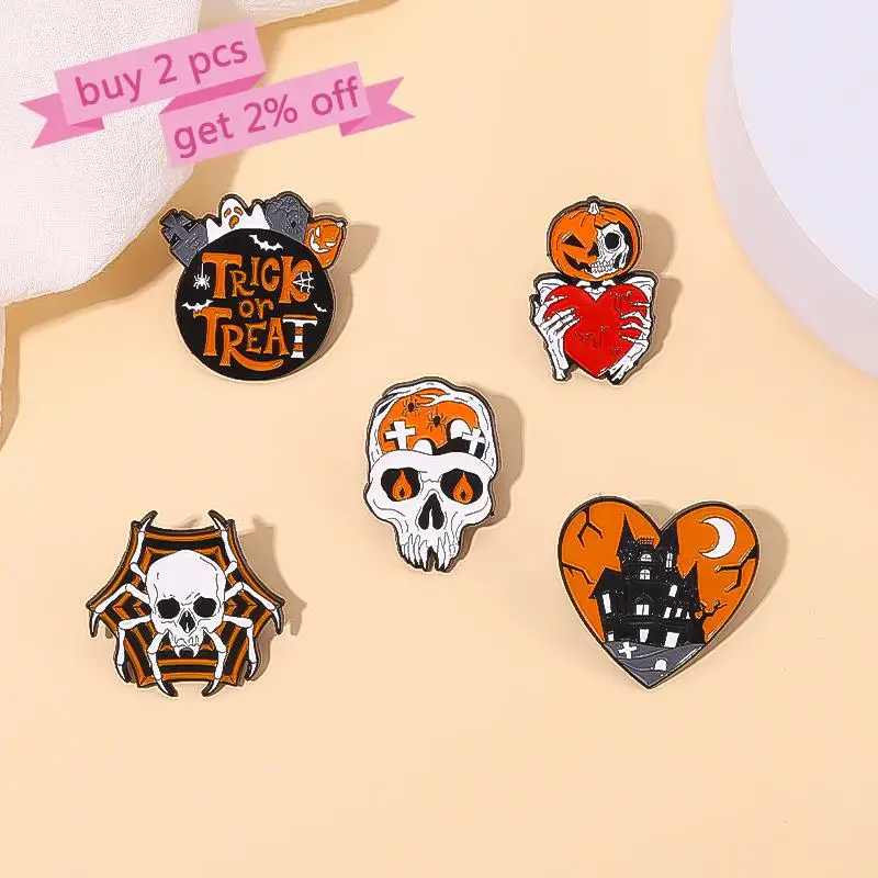 Halloween Castle Enamel Pins Custom Skeleton Boo Spooky Pumpkin Brooches Lapel Badges Gothic Jewelry Gift for Kids Friends