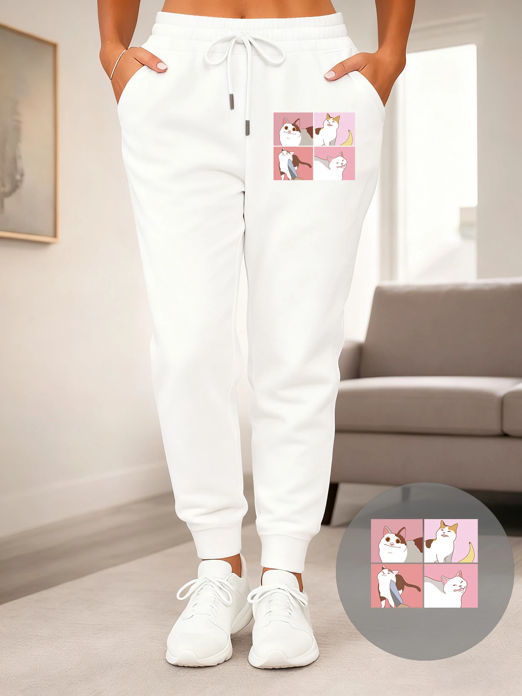 Cartoon Banana Knife Cat Printed Women Jogging Pant Autumn Hip Hop Trousers Fleece Drawstring Sweatpants Comfortable Long Pants