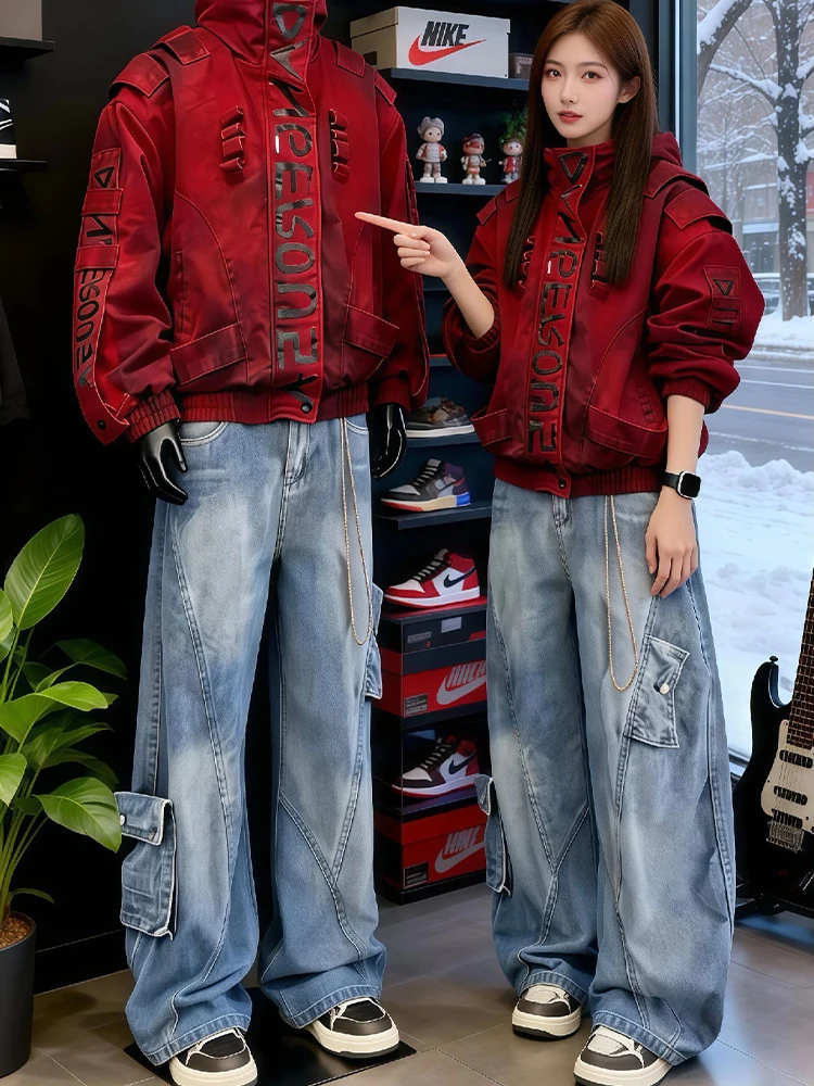 

Мужские широкие джинсы American Sle с высокой посадкой, дизайнерские брюки прямого кроя в стиле High Street, рабочие брюки с большими карманами