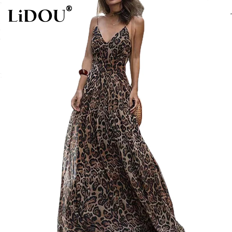 แฟชั่นเซ็กซี่ V-Neck Leopard Big Hem Tank Slip ชุดผู้หญิงฤดูร้อน Boho Beach Casual Maxi Robe ชุด