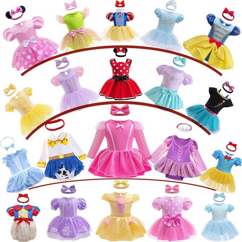 

3-18 Month Toddler Girl Dress With Headband Romper Baby Elsa Mickey Cute Jumpsuit Princess Costume Infant Sofia Purple Frocks