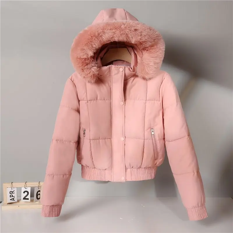 Moda inverno velo forrado quente recortado jaqueta feminina gola de pele com capuz casaco de algodão parka acolchoado manga longa à prova de vento outerwear