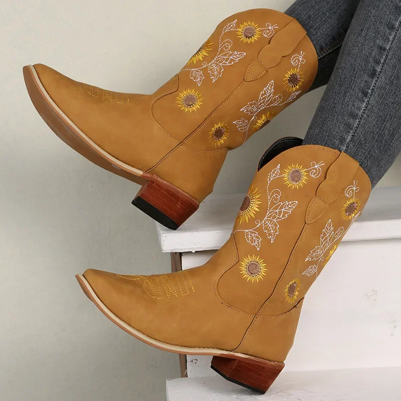 2022 Autumn New Women Shoes Fashion Embroidery Flower Pointed Toe Mid Calf Boots Chunky Heels Western Cowboy Boots Botas Mujer