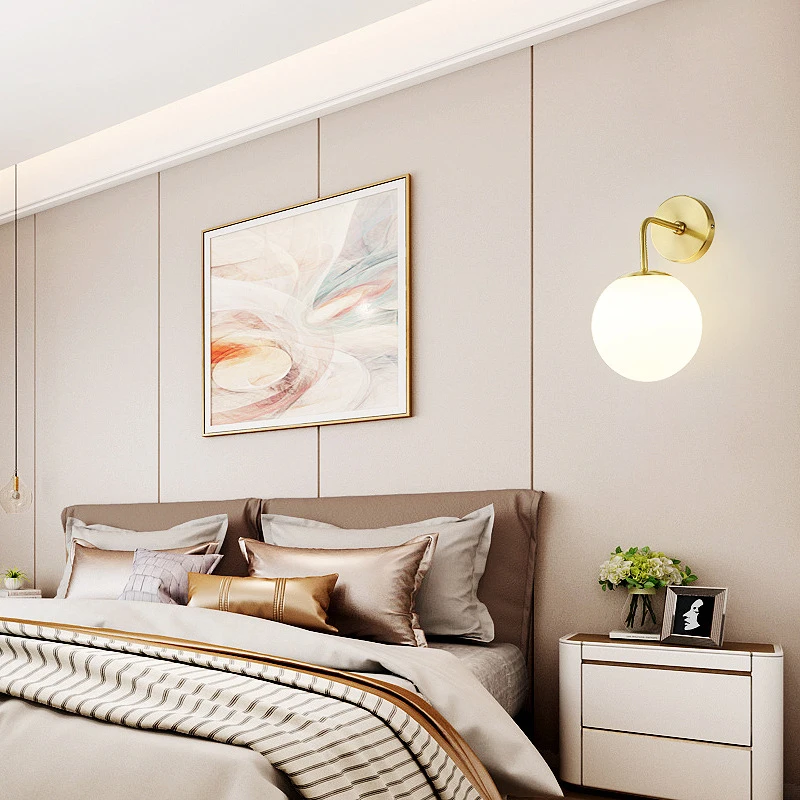 Wall lamp Nordic Golden Wall Lights With Milky/Clear Special Glass Round Ball Bedside Wall Lights In Bedroom