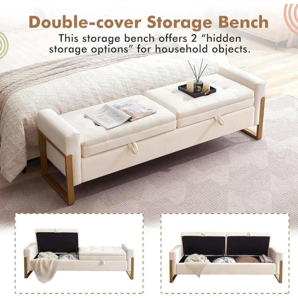 67 نهاية مقعد السرير بحجم كينج، مقعد تخزين مخملي لغرفة النوم، مقعد تخزين مزدوج الأغطية بأرجل ذهبية، منجد